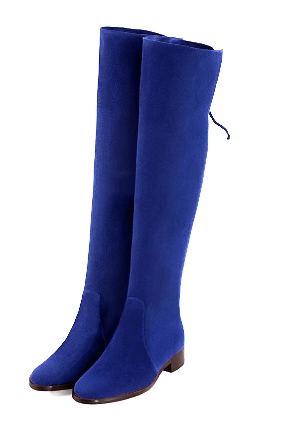 Cuissarde femme : Cuissardes femme en cuir sur mesures couleur bleu électrique. Bout rond. Semelle cuir talon plat. Vue avant - Florence KOOIJMAN
