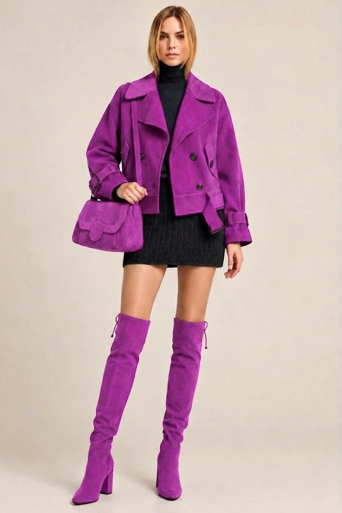 Cuissardes sur mesure pour femme en cuir mauve avec bout rond et talon bottier de 8.5 cm - Vue du dessus