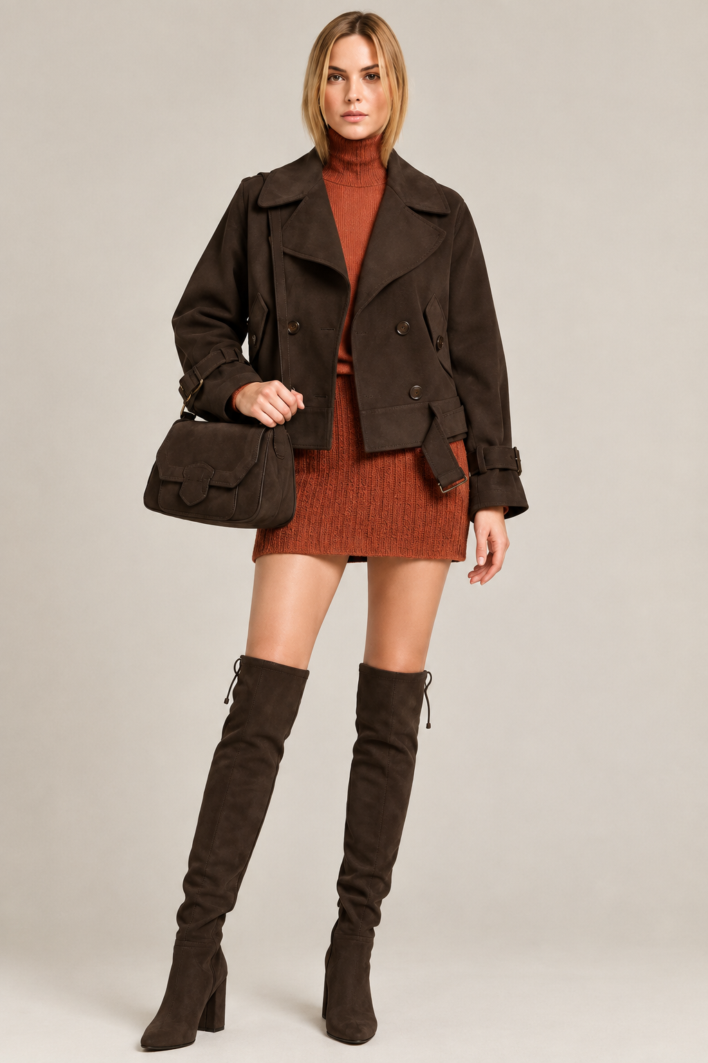 Cuissardes sur mesure pour femme en cuir marron foncé avec bout rond et talon bottier de 6.5 cm - Vue du dessus