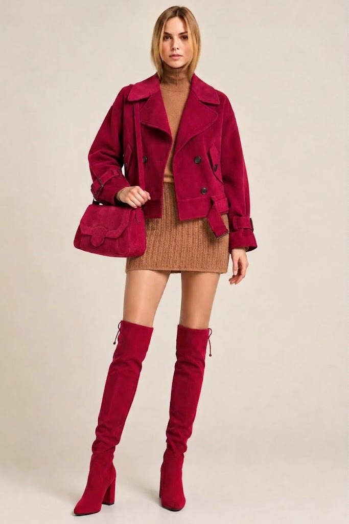 Cuissardes sur mesure pour femme en cuir rouge cerise avec bout rond et talon bottier de 8.5 cm - Vue du dessus