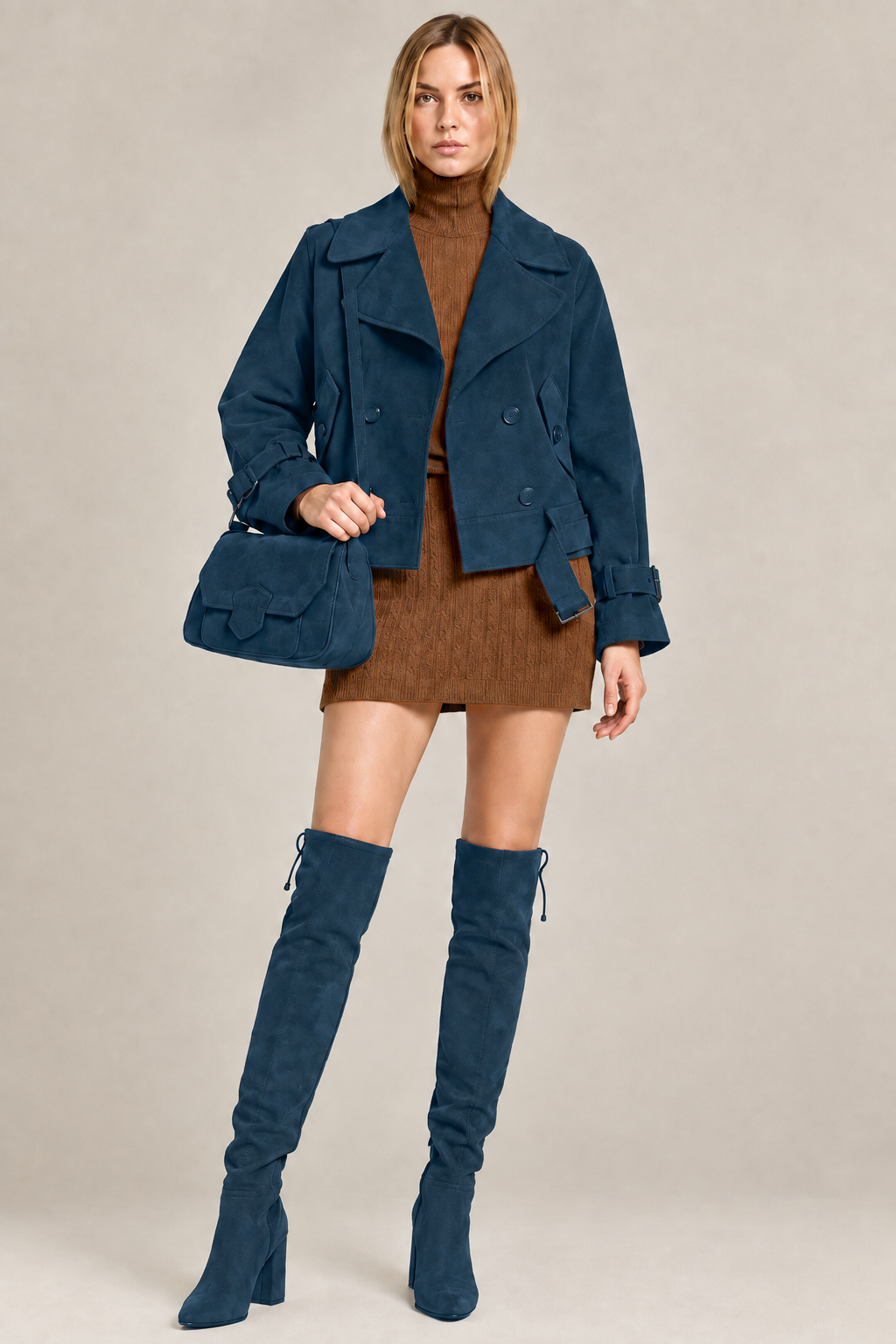 Cuissardes sur mesure pour femme en cuir bleu canard avec bout rond et talon bottier de 6.5 cm - Vue du dessus