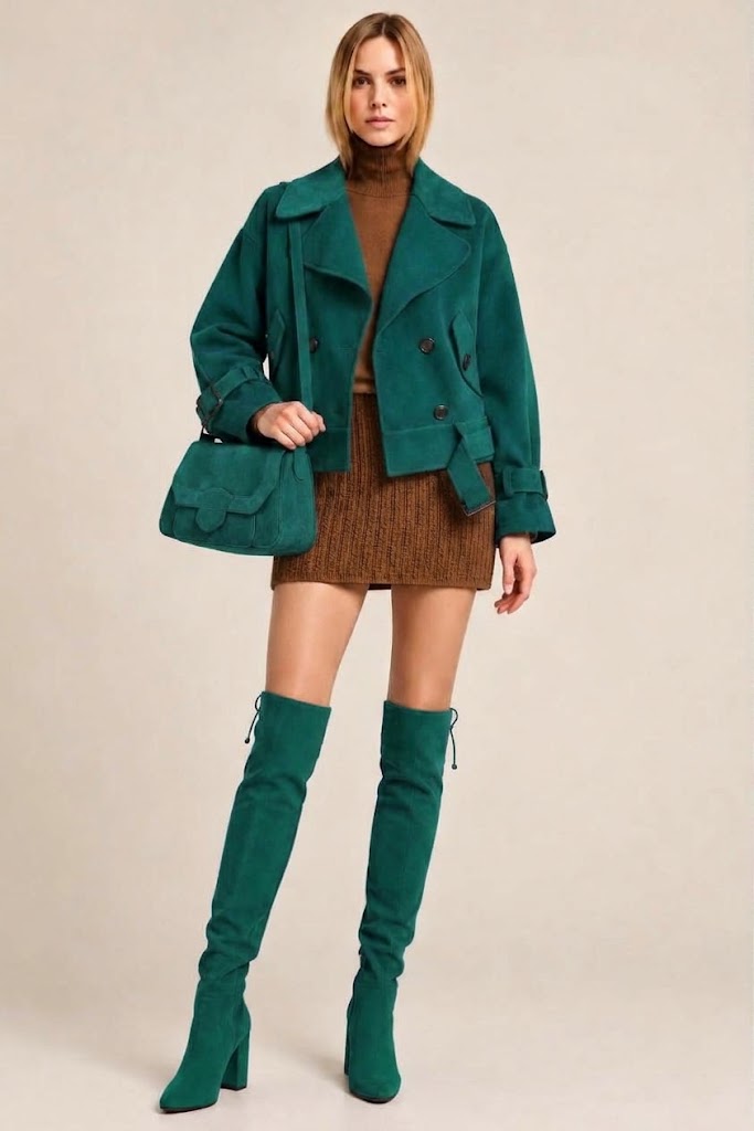 Cuissardes sur mesure pour femme en cuir vert émeraude avec bout rond et talon bottier de 8.5 cm - Vue du dessus