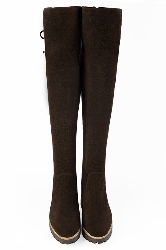 Cuissardes femme sur mesure en cuir marron ébène. Bout rond. Semelle en gomme - Vue du dessus