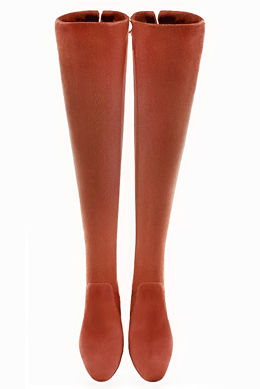 Cuissarde femme : Cuissardes femme en cuir sur mesures couleur orange corail. Bout rond. Talon mi-haut bottier. Vue du dessus - Florence KOOIJMAN