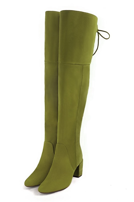 Cuissarde femme : Cuissardes femme en cuir sur mesures couleur vert pistache. Bout rond. Talon mi-haut bottier. Vue avant - Florence KOOIJMAN