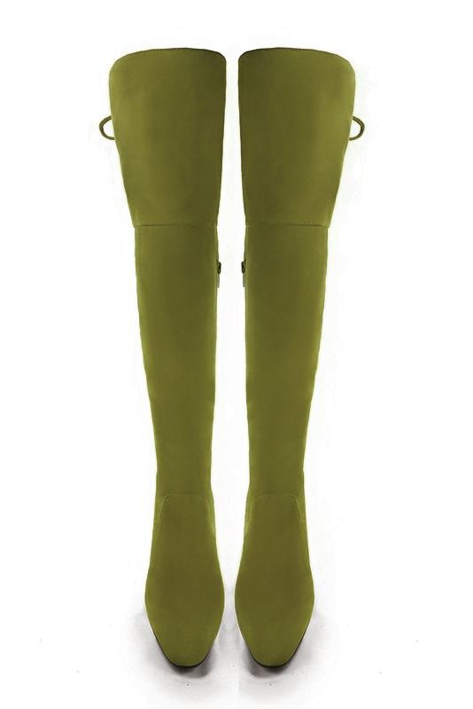 Cuissarde femme : Cuissardes femme en cuir sur mesures couleur vert pistache. Bout rond. Talon mi-haut bottier. Vue du dessus - Florence KOOIJMAN