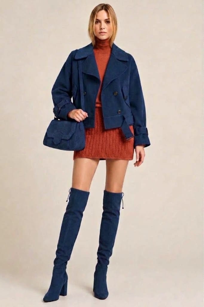 Cuissardes sur mesure pour femme en cuir bleu marine avec bout rond et talon bottier de 8.5 cm - Vue du dessus