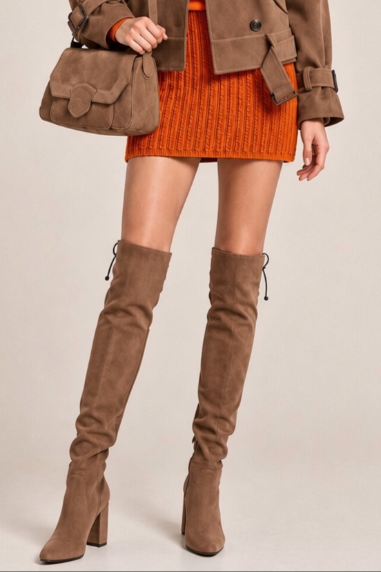Cuissardes sur mesure pour femme en cuir marron chocolat avec bout rond et talon bottier de 7.5 cm - Vue porté
