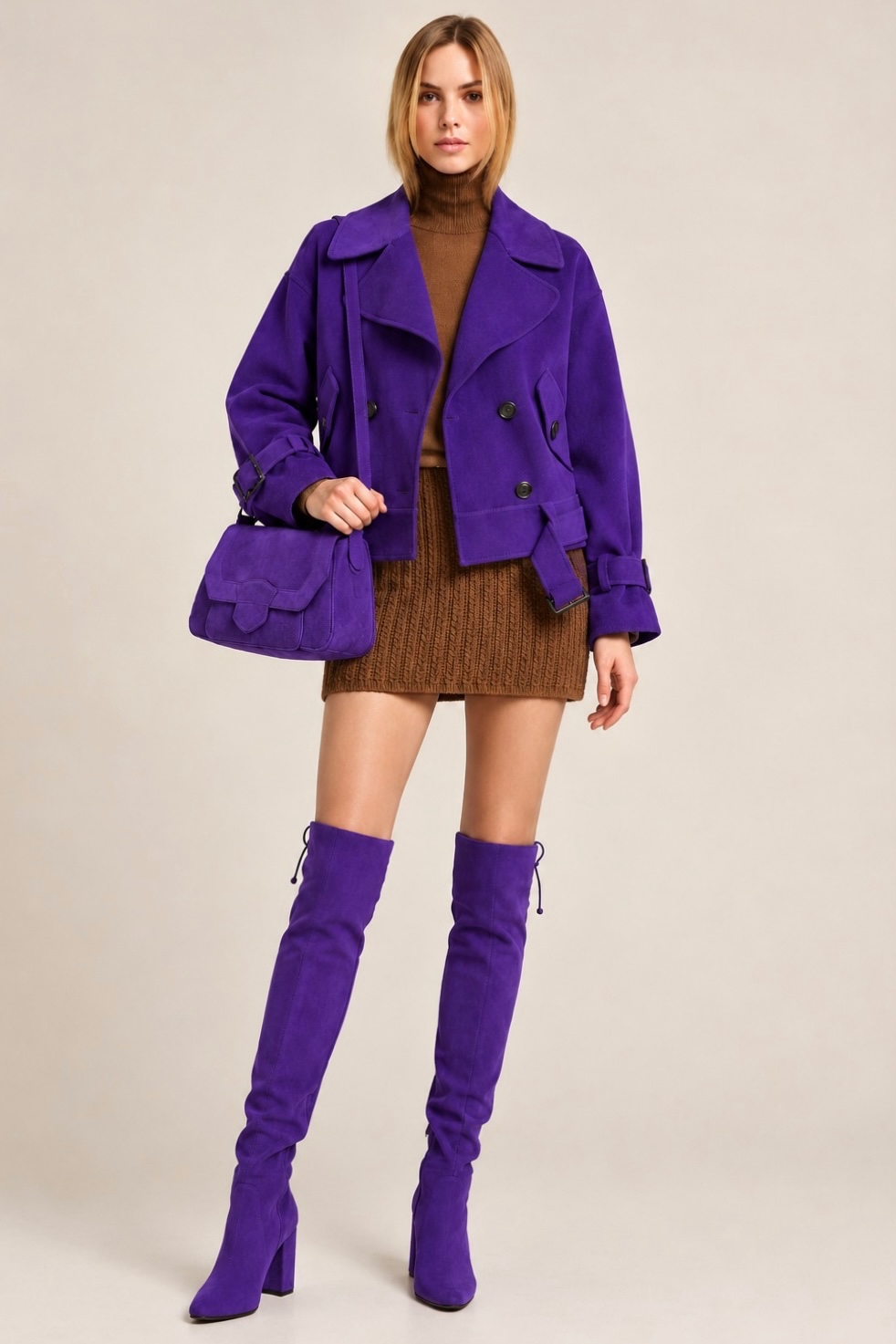 Cuissardes sur mesure pour femme en cuir violet avec bout rond et talon bottier de 8.5 cm - Vue du dessus