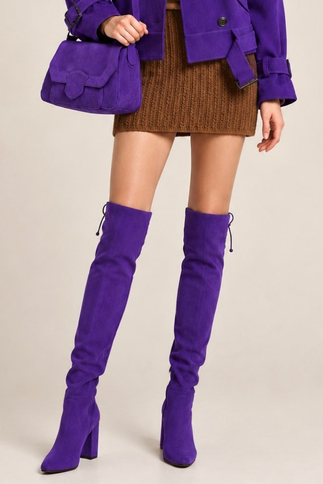Cuissardes habillées femme sur mesure cuir violet à talon bottier de 8.5 cm et bout rond - Vue porté
