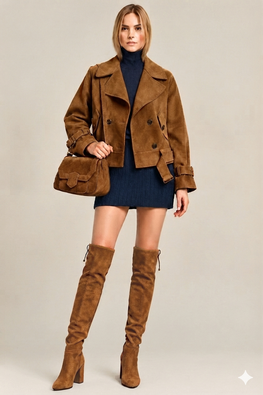 Cuissardes sur mesure pour femme en cuir cognac avec bout rond et talon bottier de 6.5 cm - Vue du dessus
