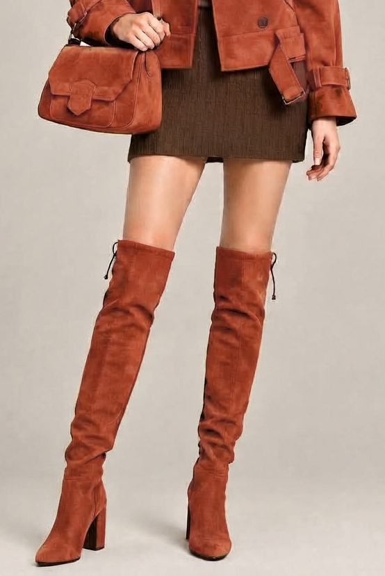 Cuissardes sur mesure pour femme en cuir terracotta avec bout rond et talon bottier de 7.5 cm - Vue porté