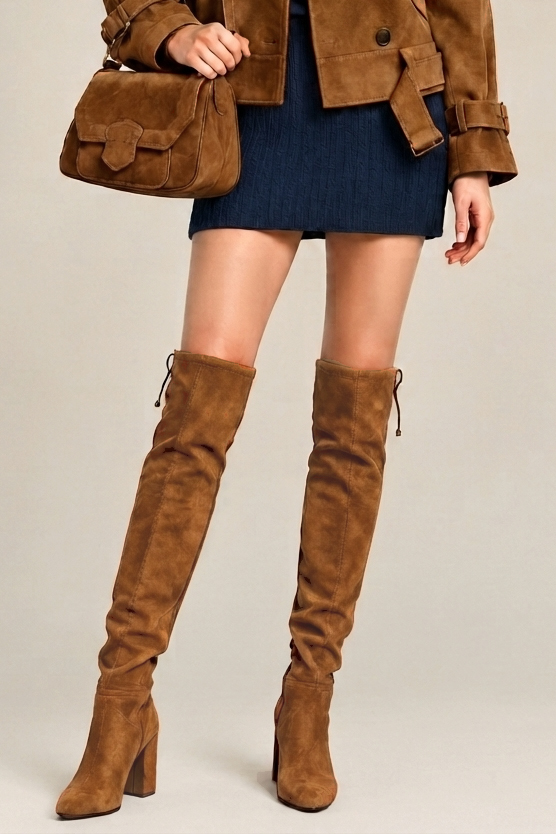 Cuissardes sur mesure pour femme en cuir cognac avec bout rond et talon bottier de 6.5 cm - Vue porté