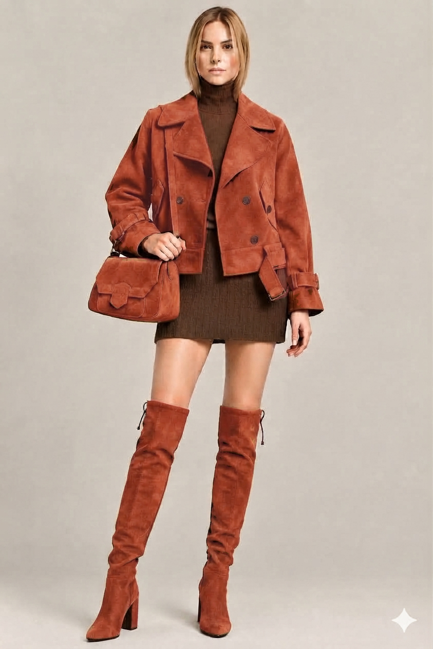 Cuissardes sur mesure pour femme en cuir terracotta avec bout rond et talon bottier de 7.5 cm - Vue du dessus