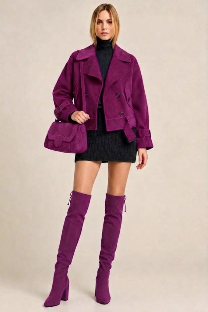 Cuissardes sur mesure pour femme en cuir prune avec bout rond et talon bottier de 7.5 cm - Vue du dessus
