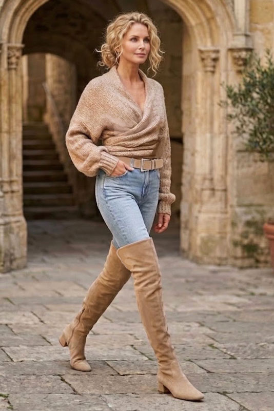 Cuissardes habillées femme sur mesure cuir beige sahara à talon bottier de 3.5 cm et bout rond - Vue porté