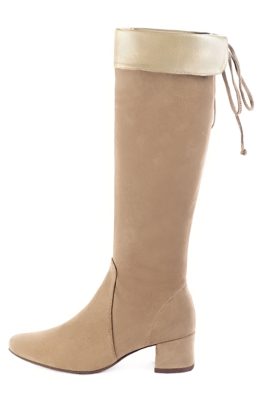 Tan beige and gold knee-high boots, with laces at the back. | Made to  measure - Thin or thick calves | Round toe. Low flare heels. Model : Burton  Paris Trotteur