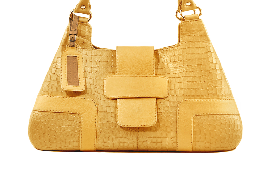 Grand sac porté à l'épaule habillé femme en cuir jaune ocre - Vue de profil