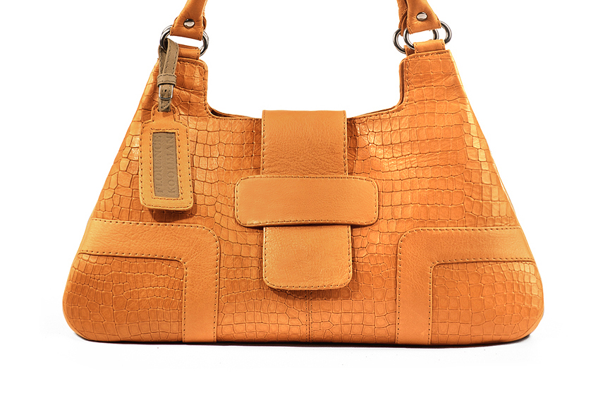Grand sac porté à l'épaule habillé femme en cuir orange abricot - Vue de profil