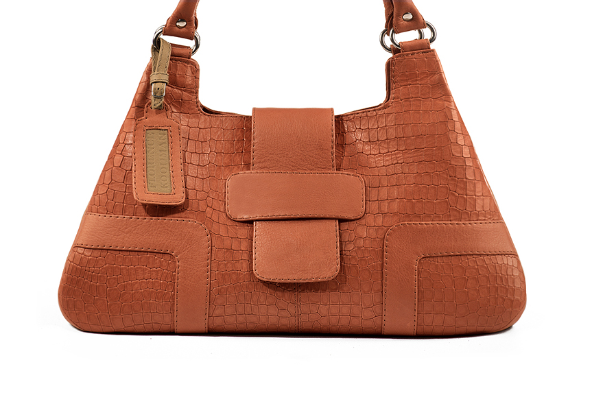 Grand sac porté à l'épaule habillé femme en cuir orange corail - Vue de profil