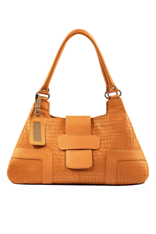 Grand sac porté à l'épaule habillé femme en cuir orange abricot - Vue du dessus