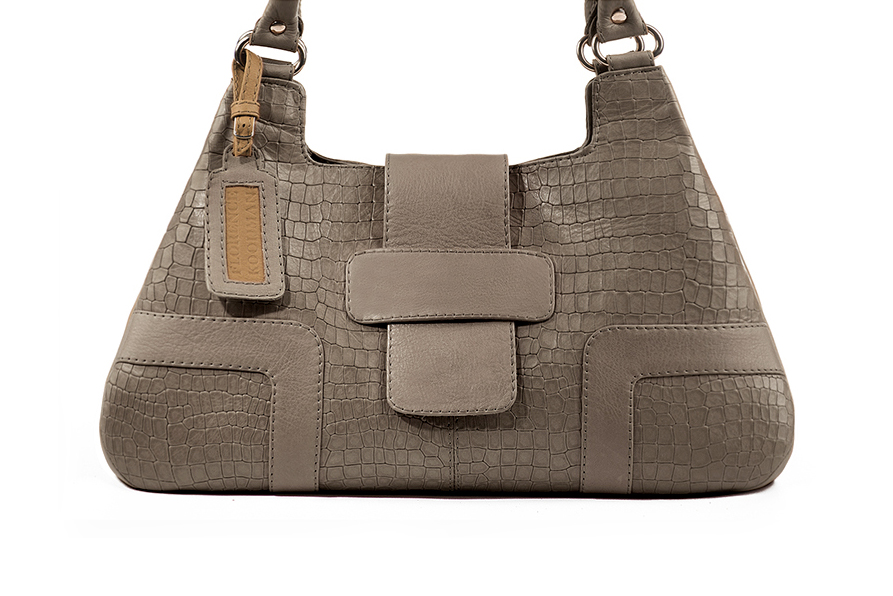 Grand sac porté à l'épaule habillé femme en cuir beige mastic - Vue de profil