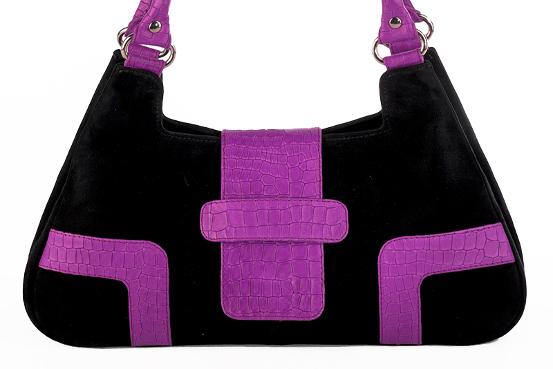 Sac porté à l'épaule habillé femme en cuir violet mauve et noir mat - Vue de profil