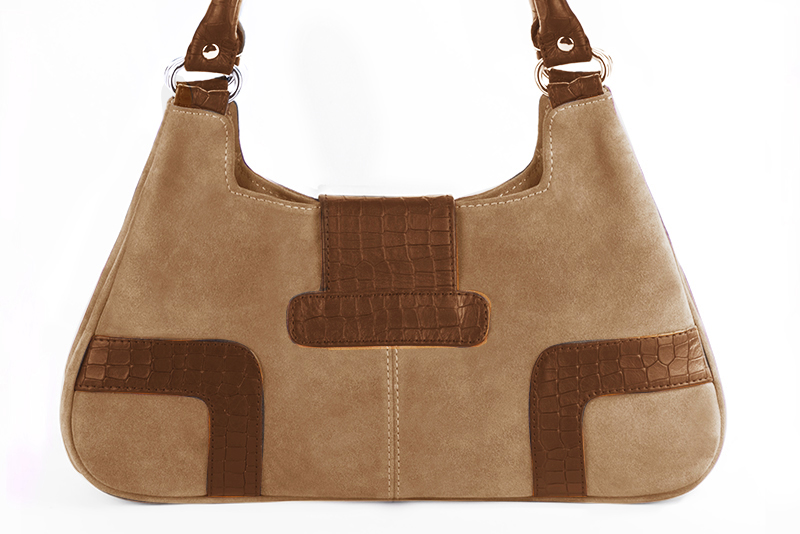 Sac porté à l'épaule habillé femme en cuir beige sahara et marron caramel - Vue arrière