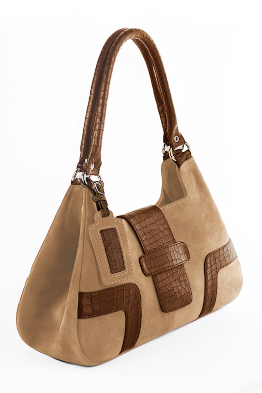 Sac porté à l'épaule habillé femme en cuir beige sahara et marron caramel - Vue du dessus