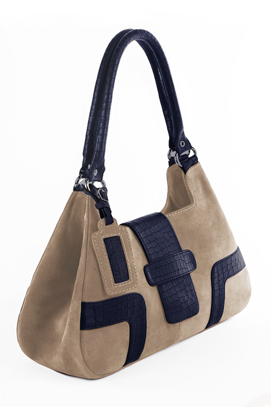 Sac porté à l'épaule habillé femme en cuir beige sahara et bleu marine - Vue du dessus