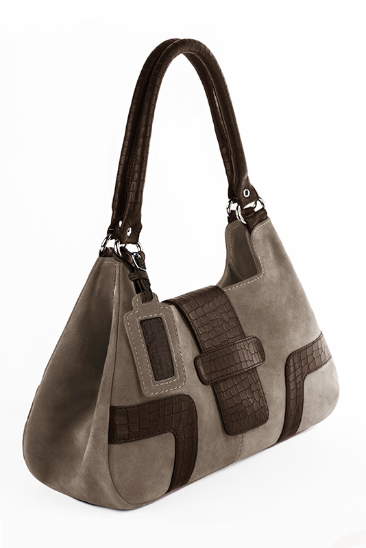 Sac porté à l'épaule habillé femme en cuir marron taupe et marron ébène - Vue porté