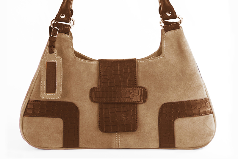 Sac porté à l'épaule habillé femme en cuir beige sahara et marron caramel - Vue de profil