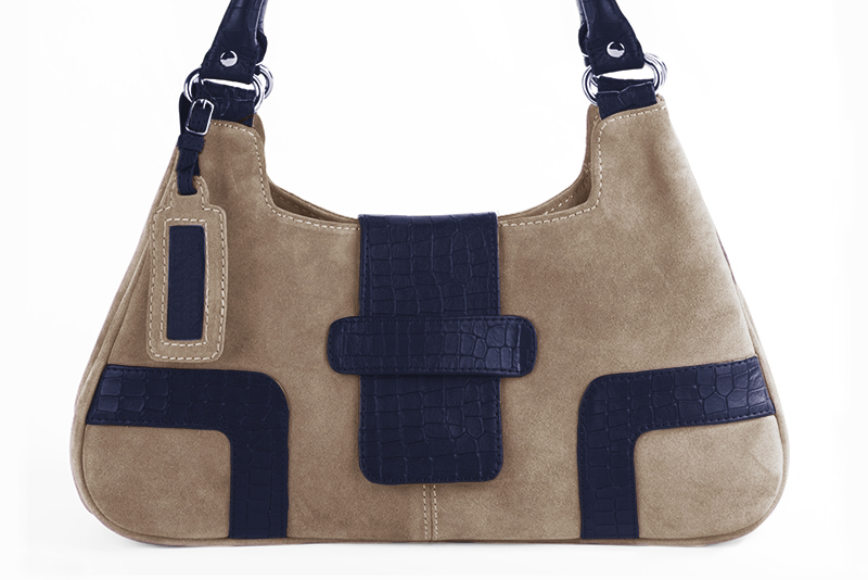 Sac porté à l'épaule habillé femme en cuir beige sahara et bleu marine - Vue de profil
