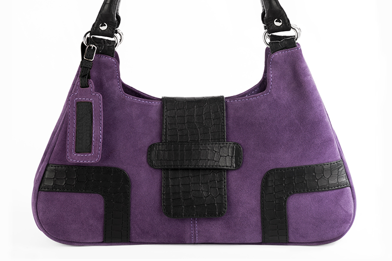 Sac porté à l'épaule habillé femme en cuir violet améthyste et noir satiné - Vue de profil