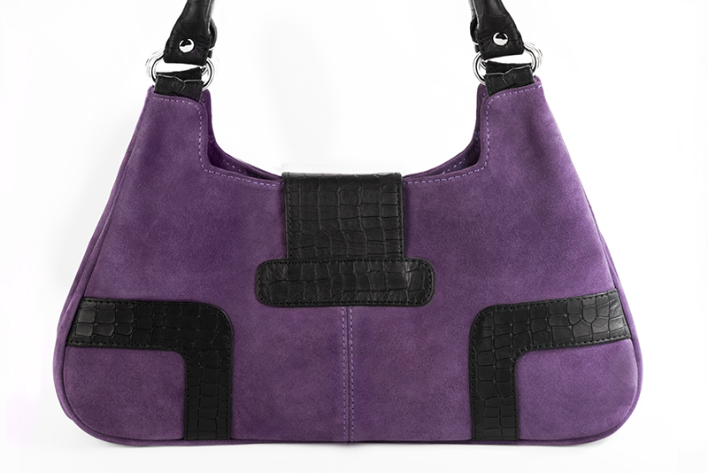 Sac porté à l'épaule habillé femme en cuir violet améthyste et noir satiné - Vue arrière