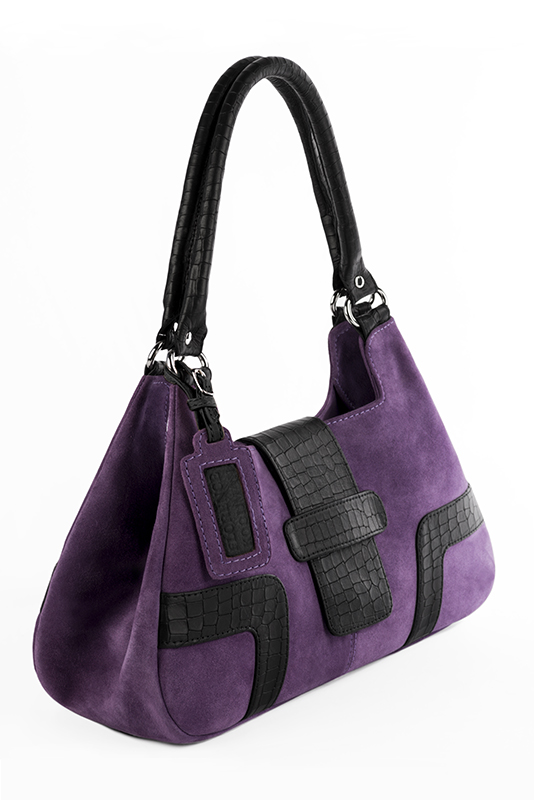 Sac porté à l'épaule habillé femme en cuir violet améthyste et noir satiné - Vue porté