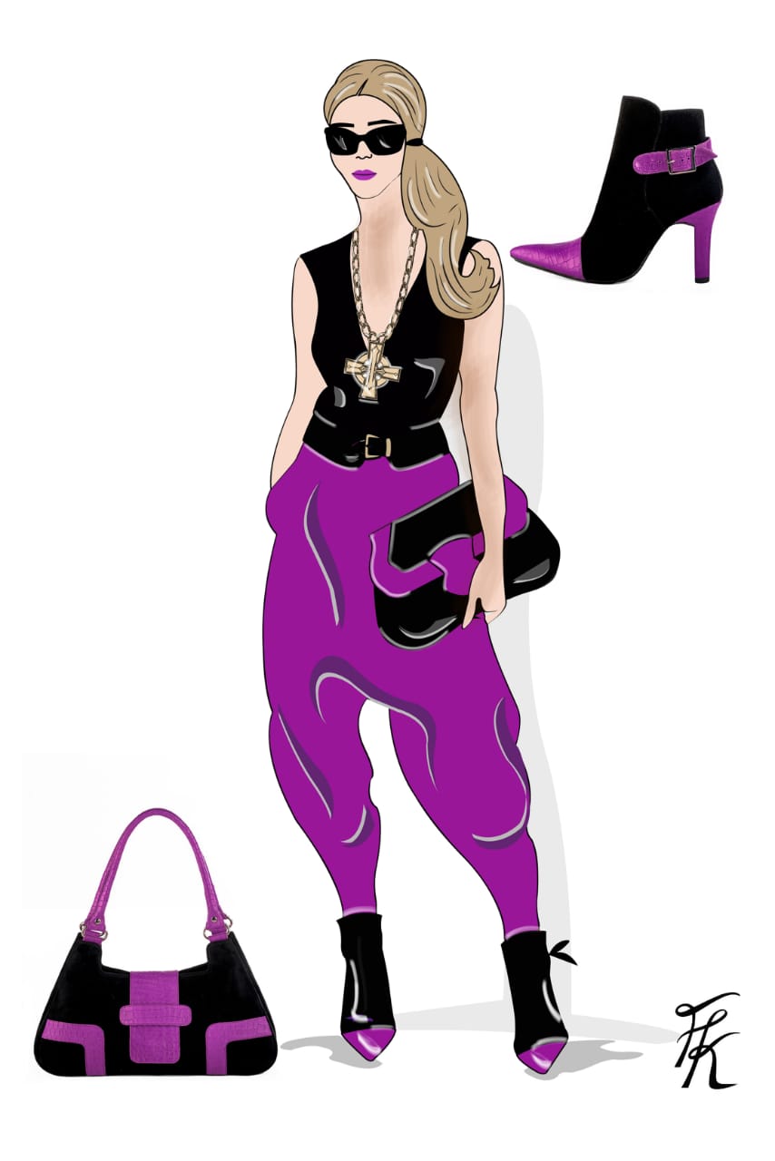 Sac porté à l'épaule habillé femme en cuir violet mauve et noir mat - Vue porté