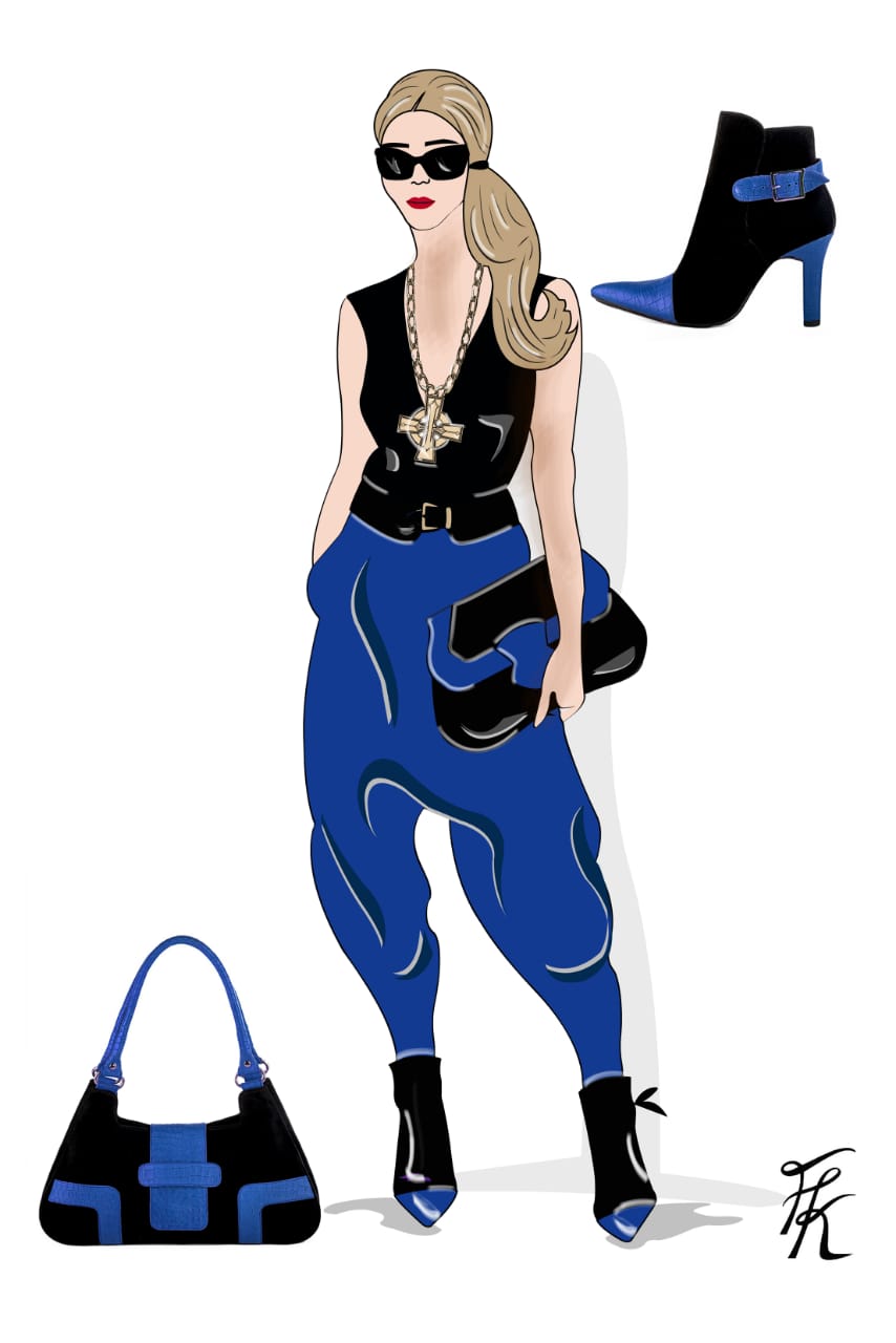 Sac porté à l'épaule habillé femme en cuir noir mat et bleu électrique - Vue porté