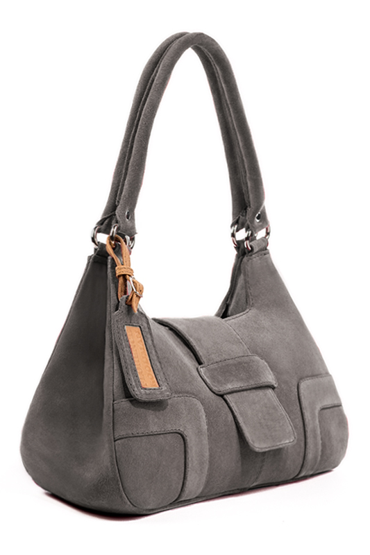 Sac porté à l'épaule habillé femme en cuir gris galet - Vue porté