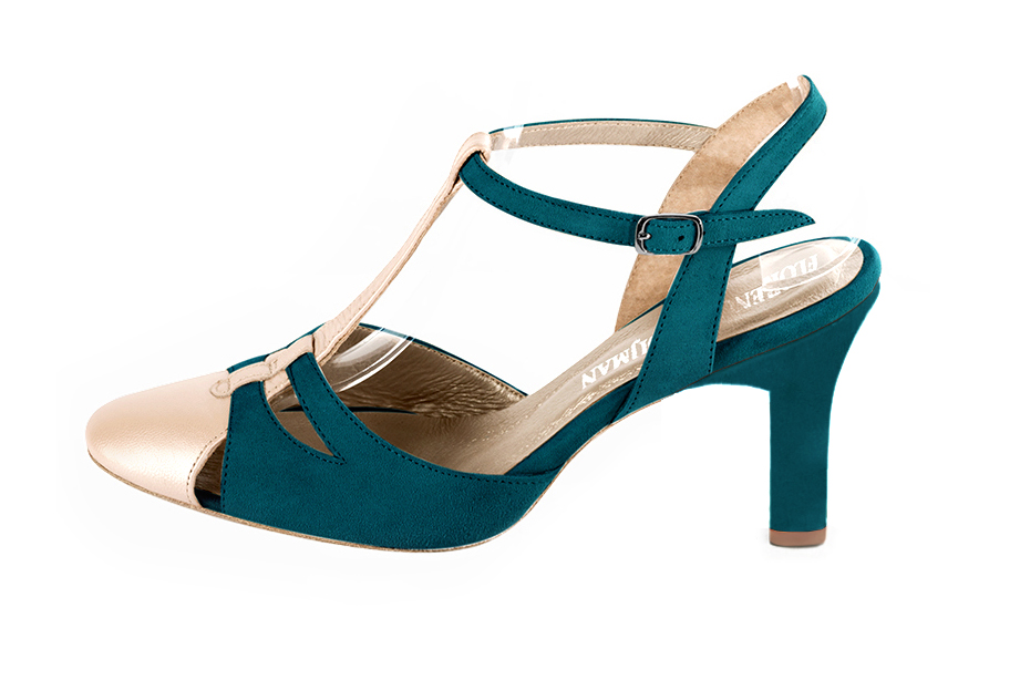 Salomés habillées, élégantes et raffinées,ouvertes à l'arrière, coloris or doré et bleu canard. Bout rond. Haut. Talon trotteur. Cérémonie, soirée, cocktail, évènementiel. Personnalisation : Choix des cuirs, 
                des couleurs et des talons. Petites et grandes pointures. - Florence KOOIJMAN