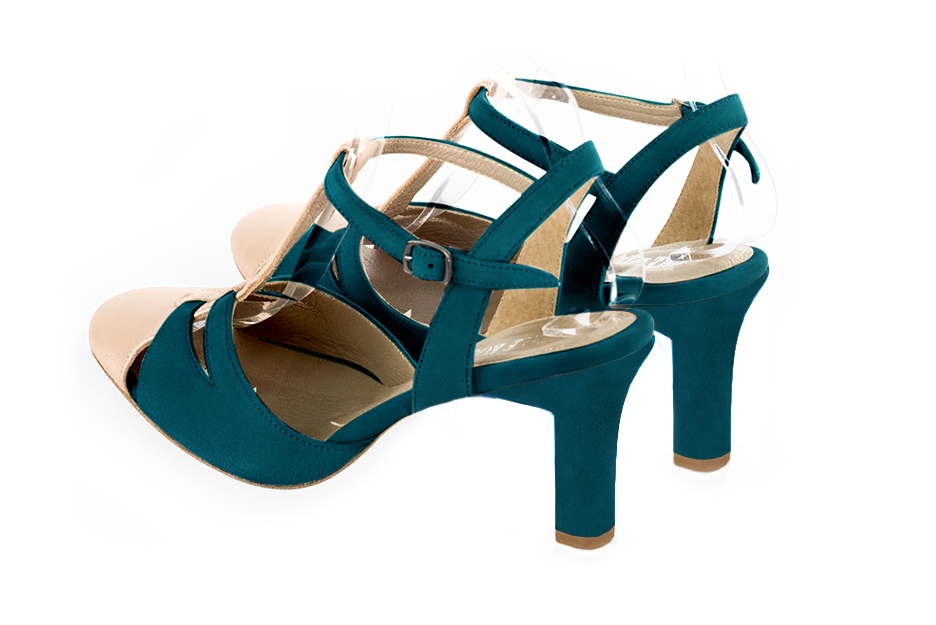 Chaussure femme à brides : Salomé ouverte à l'arrière couleur or doré et bleu canard. Bout rond. Talon haut trotteur. Vue arrière - Florence KOOIJMAN