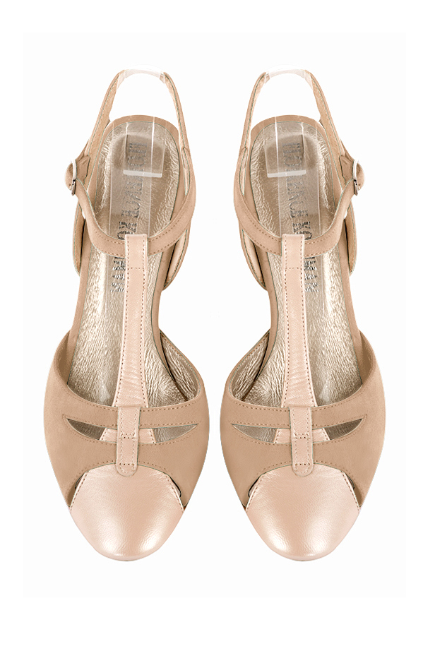 Chaussure femme à brides : Salomé ouverte à l'arrière couleur or doré et beige biscuit. Bout rond. Talon haut trotteur. Vue du dessus - Florence KOOIJMAN