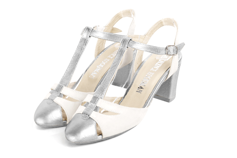 Chaussure femme à brides : Salomé ouverte à l'arrière couleur argent platine et blanc cassé. Bout rond. Talon mi-haut bottier Vue avant - Florence KOOIJMAN