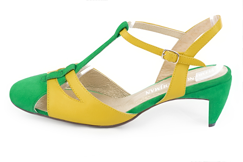 Chaussure femme à brides : Salomé ouverte à l'arrière couleur vert émeraude et jaune soleil. Bout rond. Talon mi-haut virgule. Vue de profil - Florence KOOIJMAN