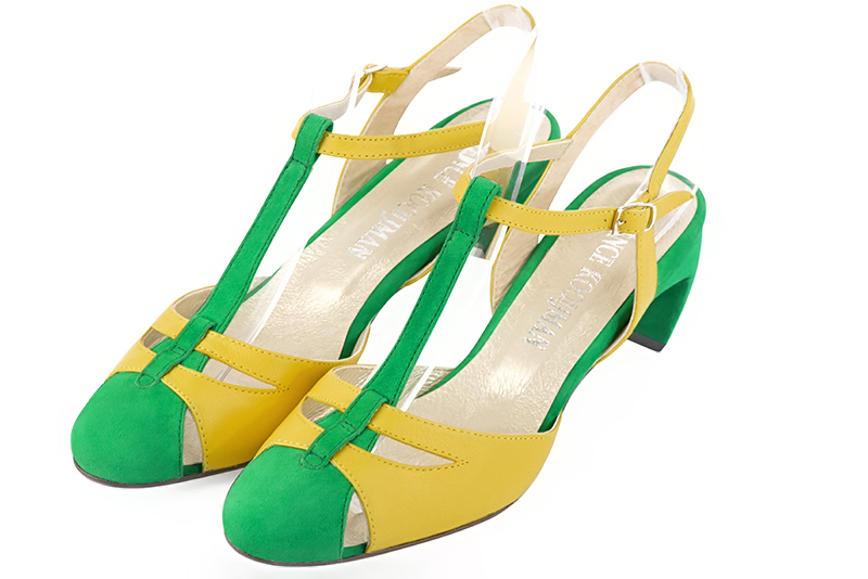 Chaussure femme à brides : Salomé ouverte à l'arrière couleur vert émeraude et jaune soleil. Bout rond. Talon mi-haut virgule Vue avant - Florence KOOIJMAN