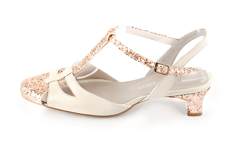 Chaussure femme à brides : Salomé ouverte à l'arrière couleur rose poudré et blanc cassé. Bout rond. Petit talon trotteur. Vue de profil - Florence KOOIJMAN