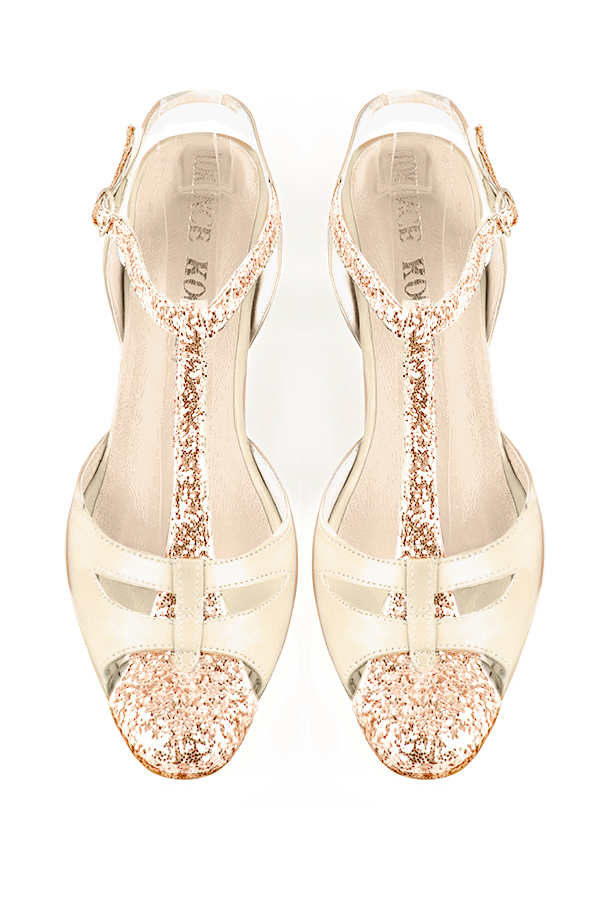 Chaussure femme à brides : Salomé ouverte à l'arrière couleur rose poudré et blanc cassé. Bout rond. Petit talon trotteur. Vue du dessus - Florence KOOIJMAN