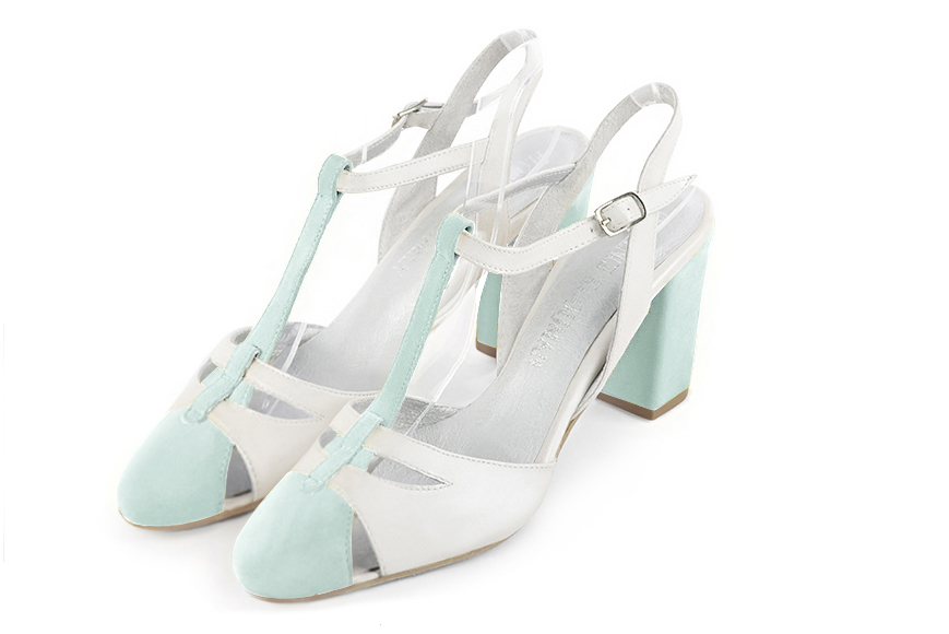 Chaussure femme à brides : Salomé ouverte à l'arrière couleur bleu lagon et blanc cassé. Bout rond. Talon haut bottier Vue avant - Florence KOOIJMAN