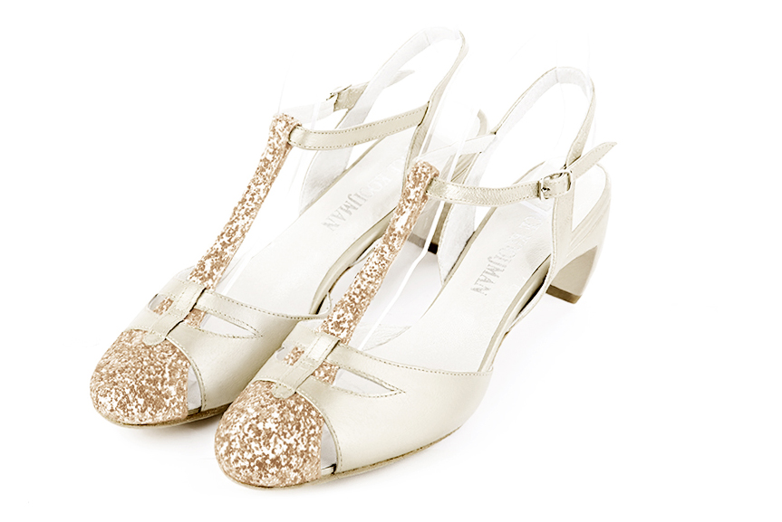 Chaussure femme à brides : Salomé ouverte à l'arrière couleur or doré et blanc cassé. Bout rond. Talon mi-haut virgule Vue avant - Florence KOOIJMAN