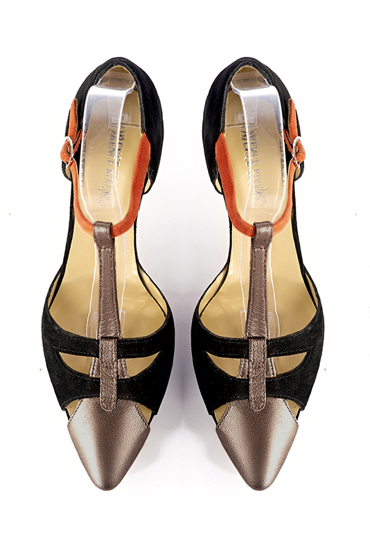 Chaussure femme à brides : Salomé côtés ouverts couleur or mordoré, noir mat et orange corail. Bout effilé. Talon mi-haut virgule. Vue du dessus - Florence KOOIJMAN